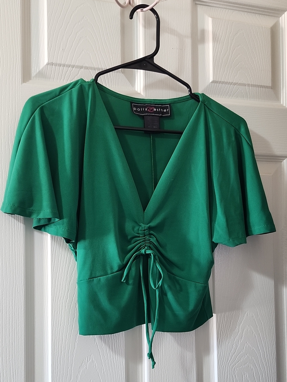 Polly & Esther Green Ruched V-Neck Flutter Sleeve Top
